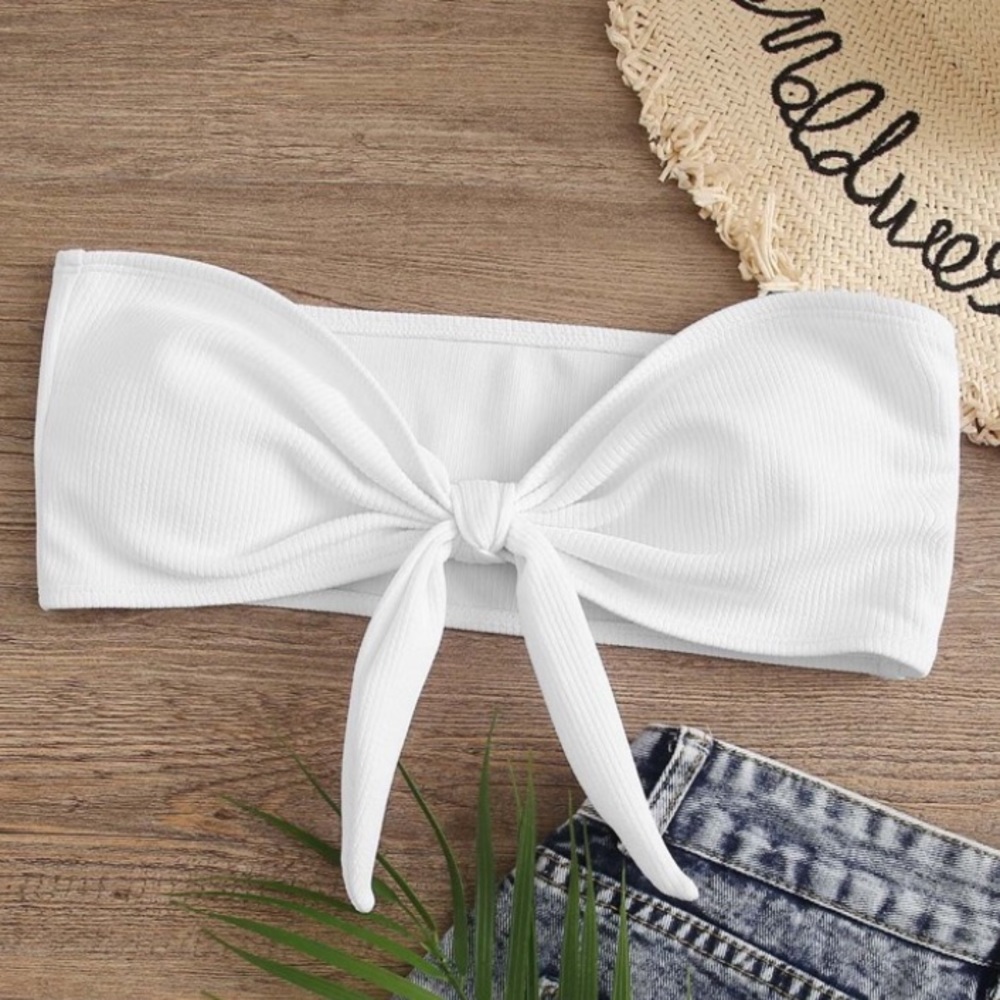 Shein ribbed white tie bandeau bikini top